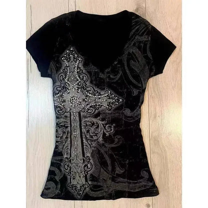 Vintage Clothes Women Print Sexy Punk Streetwear Slim Femme Tees Shirt Gothic Casual Grunge T Shirts 2000s Emo Y2k Crop Top
