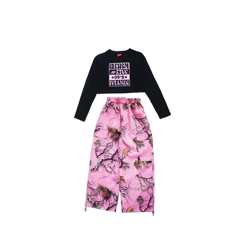Kids Modern Hip Hop Dance Costumes For Girls Black Crop Tops Loose Pants Suit Children Jazz Dance Performance Clothes DQS15809