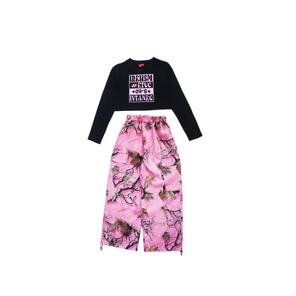 Kids Modern Hip Hop Dance Costumes For Girls Black Crop Tops Loose Pants Suit Children Jazz Dance Performance Clothes DQS15809