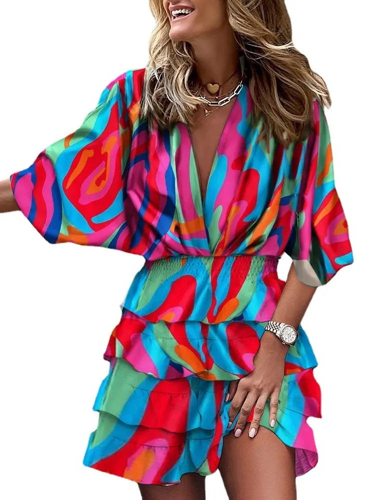 Women Fall V-Neck Loose Batwing Hafl Sleeve Print Dress Fashion Elegant Lace-up Ruffle Beach Mini Dresses Casual Streetwear 2024