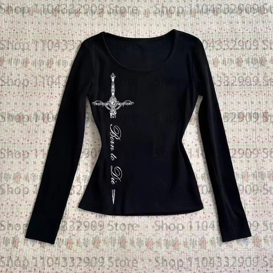 Gothic Grunge Punk Printing Women's Long Sleeve Tee Casual Slim Fit Sexy Chic Emo Girls Crop Top Y2K Harajuku Vintage Streetwear