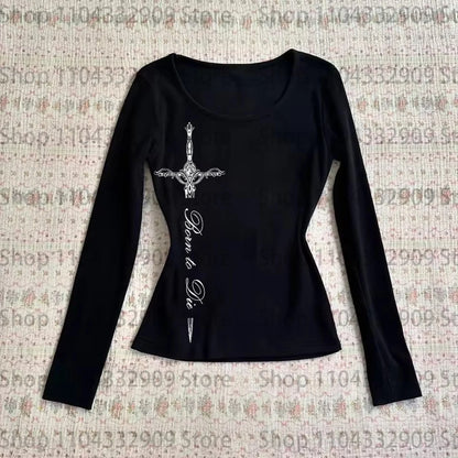 Gothic Grunge Punk Printing Women's Long Sleeve Tee Casual Slim Fit Sexy Chic Emo Girls Crop Top Y2K Harajuku Vintage Streetwear