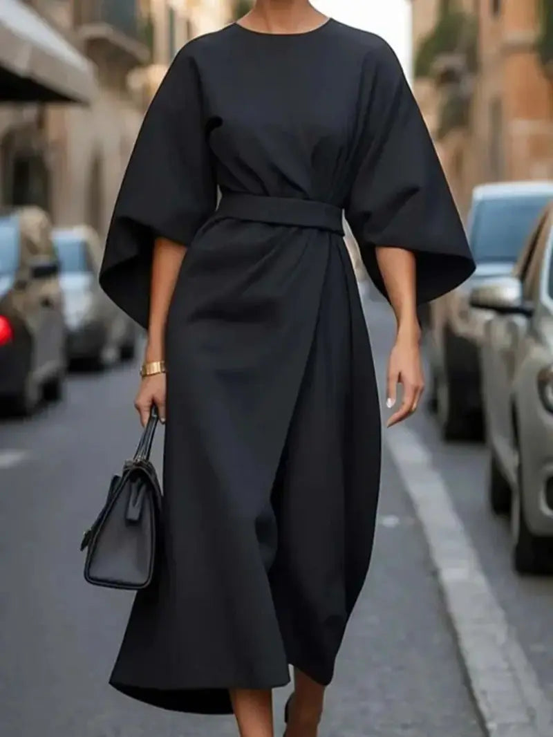 Women Fashion Elegant Solid Color Tight Waist Bat Sleeve Dress
