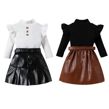 Pudcoco Toddler Girl 2 Piece Outfit Ruffles Long Sleeve Tops and Leather Pleated Skirt Set for Baby Fall Cute Clothes 18M-6T