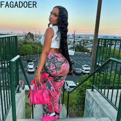 FAGADOER Pink Camouflage Print Pants Women Y2K Streetwear Button Pocket patchwork Straight Pants Hot girl Bottoms 2025
