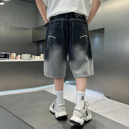 2025 New Summer Kids Designer Gradient Black Denim Shorts Tweens Boy Casual Straight Jeans Shorts For Child Age 5 6 8 10 12 14 T