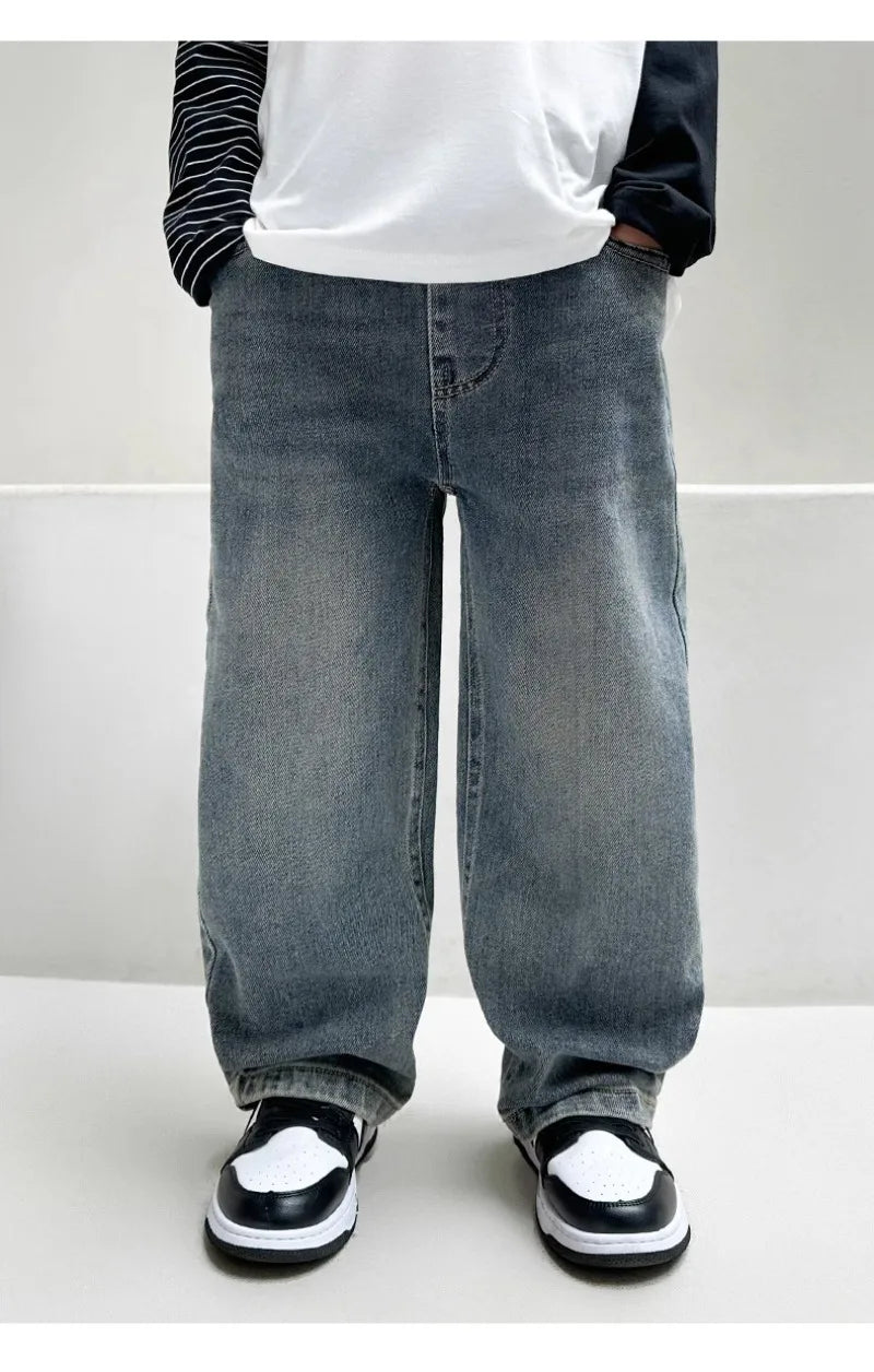 4-12Y Boys Jeans 2025 New Wide Straight Leg Denim Pant Children's Spring Clothing Big Children's Handsome Cotton Sports Pants