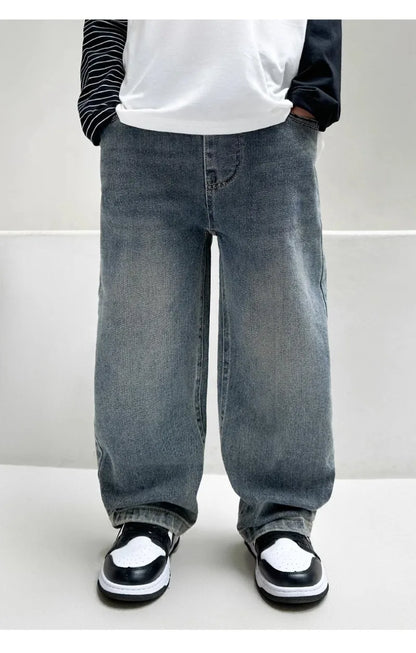 4-12Y Boys Jeans 2025 New Wide Straight Leg Denim Pant Children's Spring Clothing Big Children's Handsome Cotton Sports Pants
