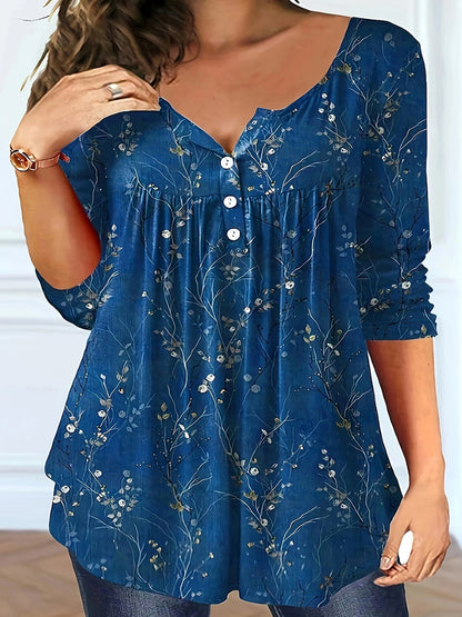 Plus Size Women's Spring and Autumn Long Sleeve Random Plant Print Button T-Shirt