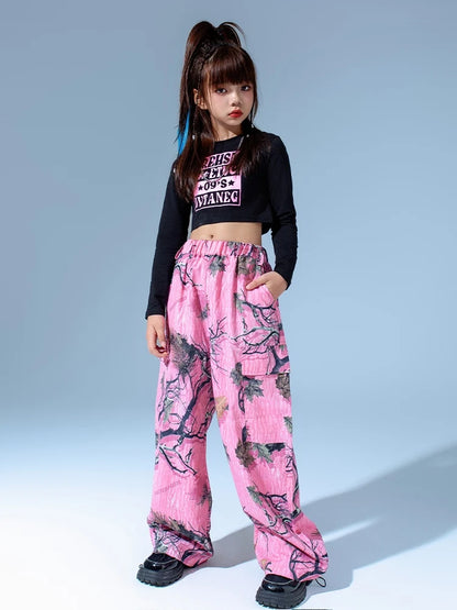 Kids Modern Hip Hop Dance Costumes For Girls Black Crop Tops Loose Pants Suit Children Jazz Dance Performance Clothes DQS15809