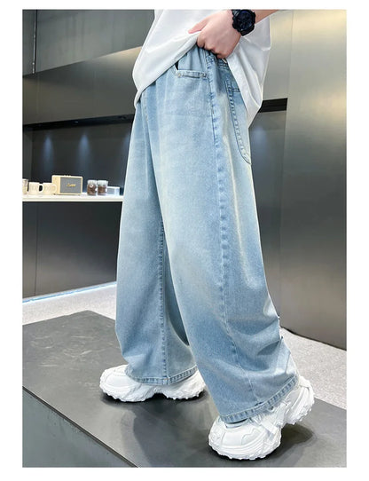 Kids Stylish Loose Straight Summer Patchwork Jeans for Tweens Boy Relaxed Fit Denim Pants Child Light Blue Washed Jeans Trousers