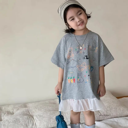 2024 Summer New Girls Short Sleeve Casual Dress Cute Flower Print Children Long T Shirts Loose Kids Princess Dress Girls Clothes