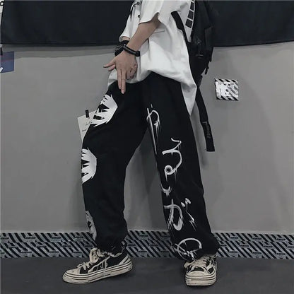 Black Japenese Printed Anime Y2k Sweatpants Male Streetwear Wide Leg Oversize Baggy Pants Casual Sport Causl Trousers Men 2023