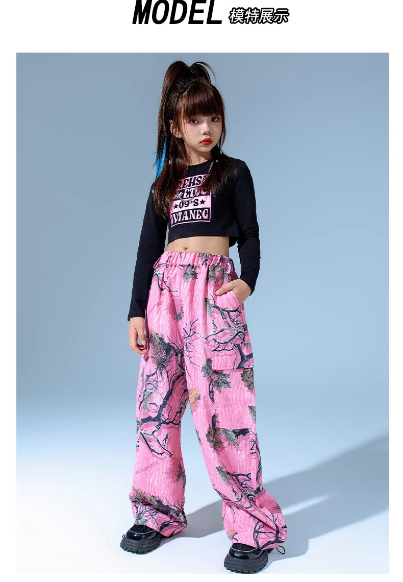 Kids Modern Hip Hop Dance Costumes For Girls Black Crop Tops Loose Pants Suit Children Jazz Dance Performance Clothes DQS15809