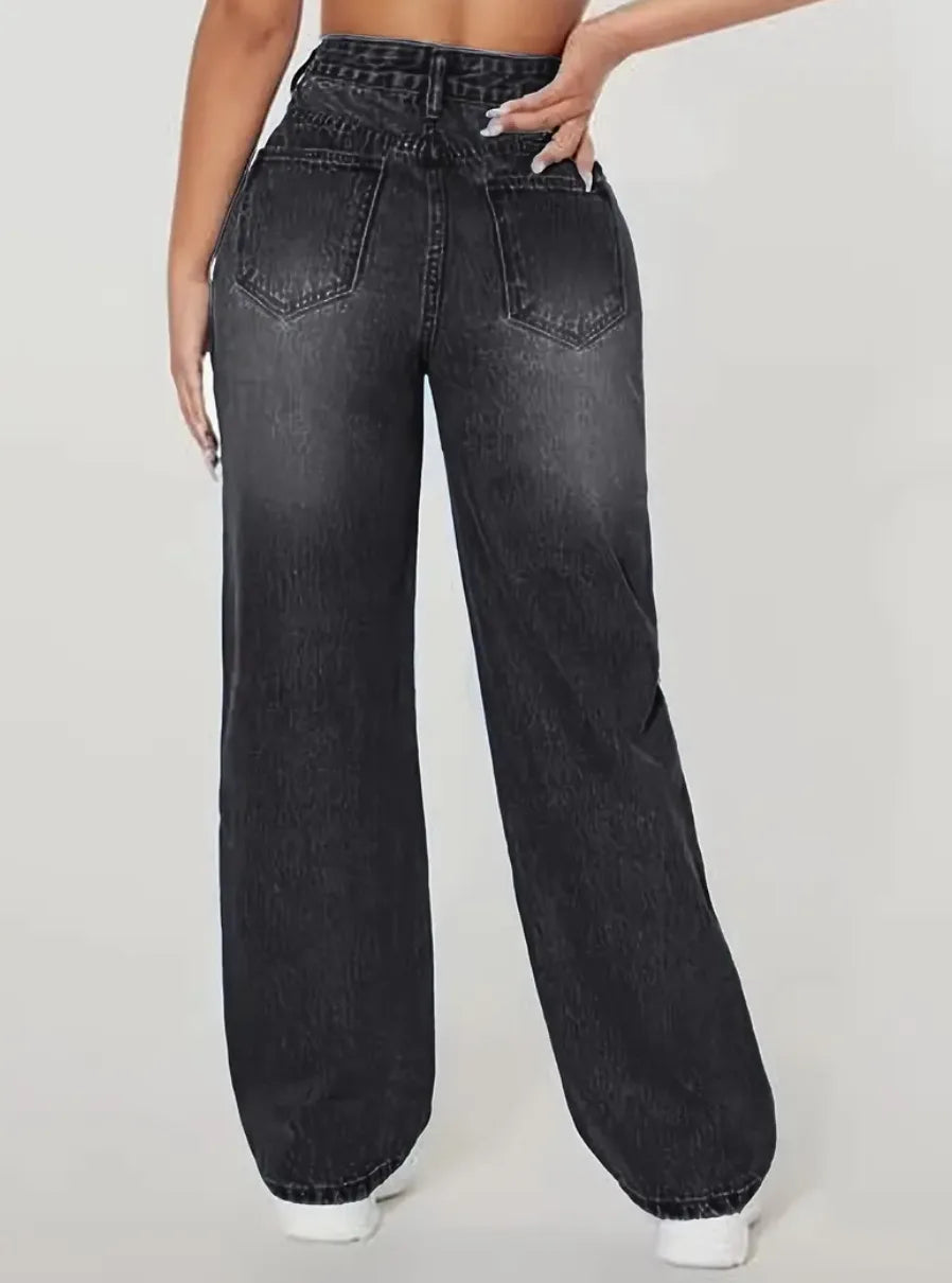 Mom Jeans Women Denim Pant Wide Leg Long Pants Hole High Waist Straight Trousers Y2k Streetwear Work Splice Casual 2025 Punk