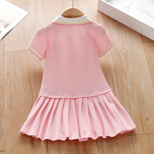 New Kids Girls Pink Dress Summer Short Sleeve Shirts Dresses for Baby Girls Rainbow Print Pleated Dress Children's Clothes 2-10Y