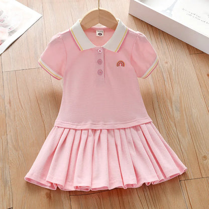 New Kids Girls Pink Dress Summer Short Sleeve Shirts Dresses for Baby Girls Rainbow Print Pleated Dress Children's Clothes 2-10Y