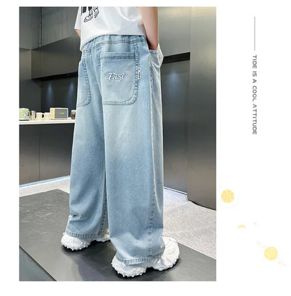Kids Stylish Loose Straight Summer Patchwork Jeans for Tweens Boy Relaxed Fit Denim Pants Child Light Blue Washed Jeans Trousers