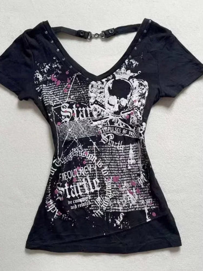 Vintage Clothes Women Print Sexy Punk Streetwear Slim Femme Tees Shirt Gothic Casual Grunge T Shirts 2000s Emo Y2k Crop Top