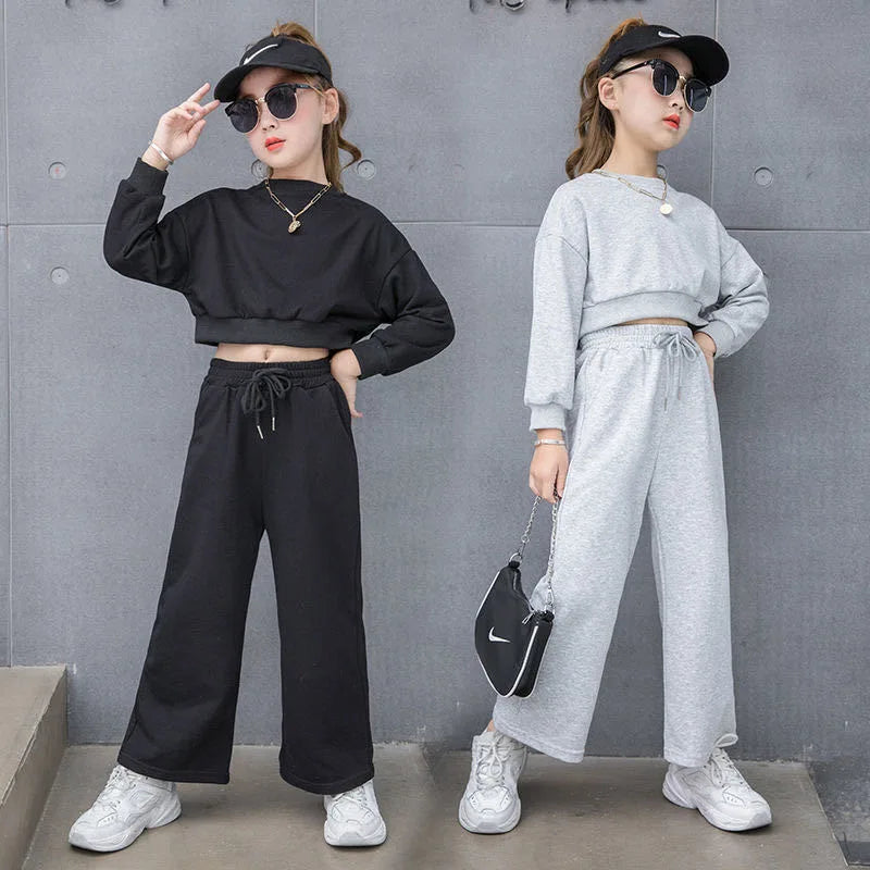 Girls Solid Colour Sets Children's Long-Sleeved Short Sweater Trousers 2Pcs Spring Autumn New Kids Fashion Casual Suit 4-12Y