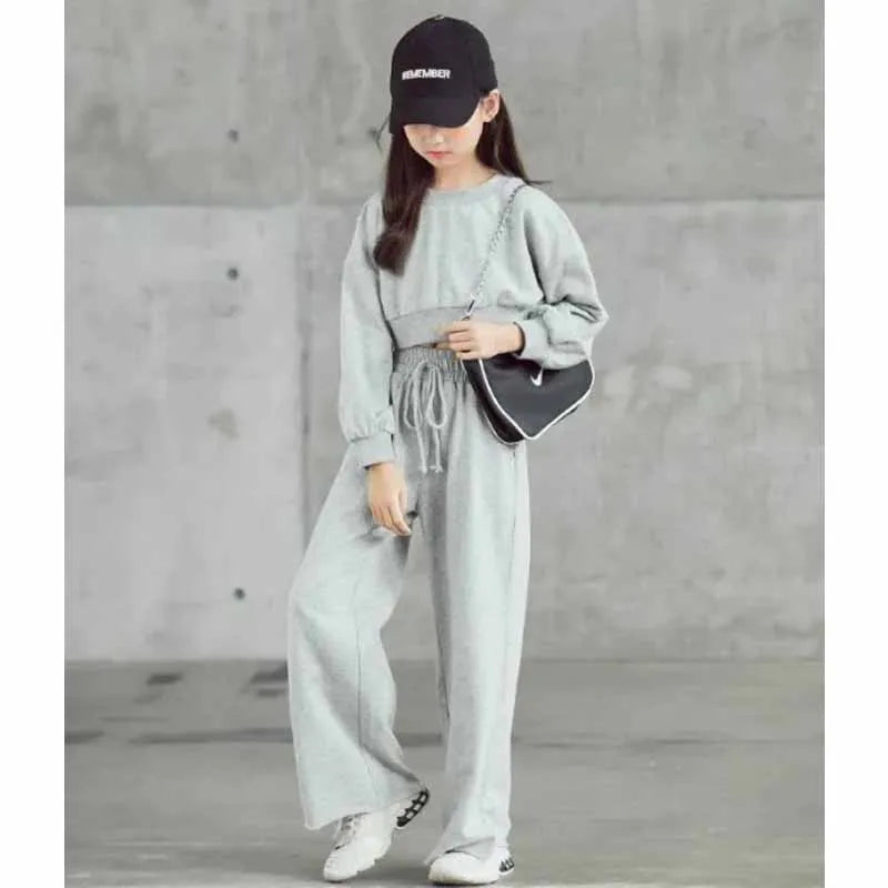 Girls Solid Colour Sets Children's Long-Sleeved Short Sweater Trousers 2Pcs Spring Autumn New Kids Fashion Casual Suit 4-12Y