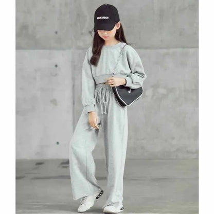 Girls Solid Colour Sets Children's Long-Sleeved Short Sweater Trousers 2Pcs Spring Autumn New Kids Fashion Casual Suit 4-12Y