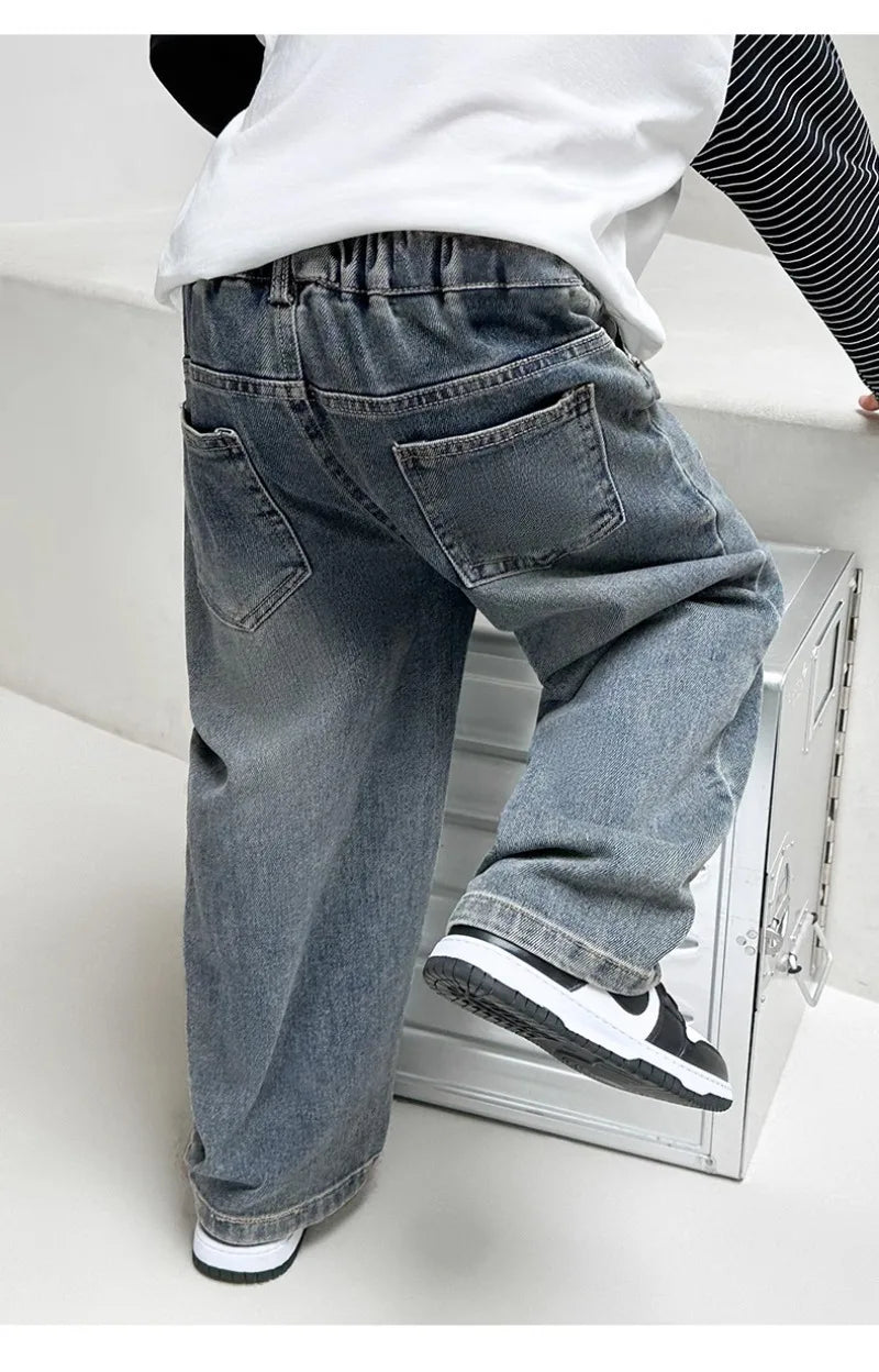 4-12Y Boys Jeans 2025 New Wide Straight Leg Denim Pant Children's Spring Clothing Big Children's Handsome Cotton Sports Pants