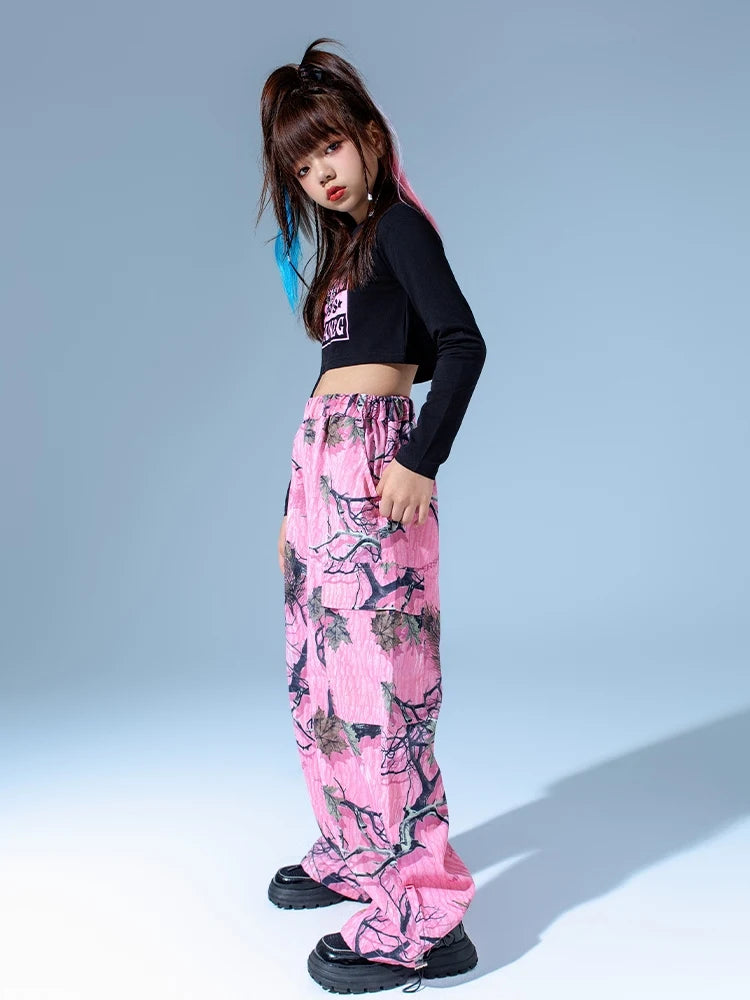 Kids Modern Hip Hop Dance Costumes For Girls Black Crop Tops Loose Pants Suit Children Jazz Dance Performance Clothes DQS15809