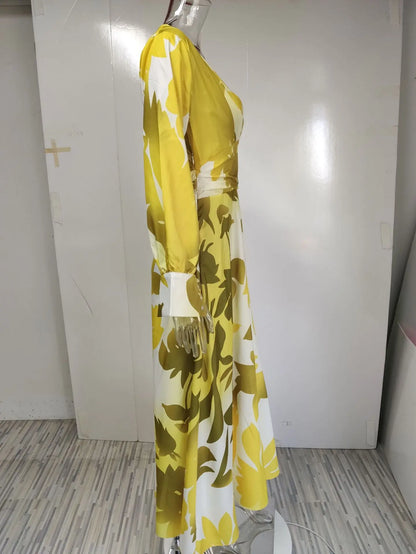 Dress Women spring/summer v-neck floral printing long lantern sleeve fashion Dresses Casual Vestidos dropshipping GHH21553