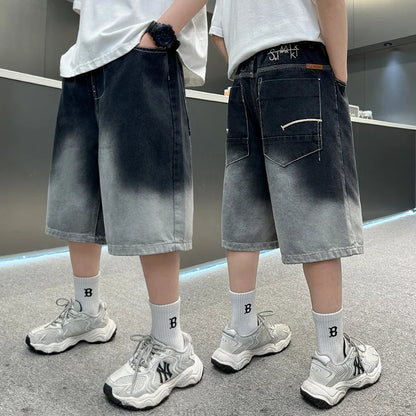 2025 New Summer Kids Designer Gradient Black Denim Shorts Tweens Boy Casual Straight Jeans Shorts For Child Age 5 6 8 10 12 14 T