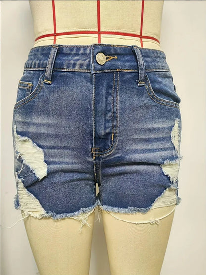 Ripped Raw Denim Shorts For Women Fashion A-line Hem Female Summer Hot Pants Streetwear Blue Clothing Skinny Sexy Retro Leisure