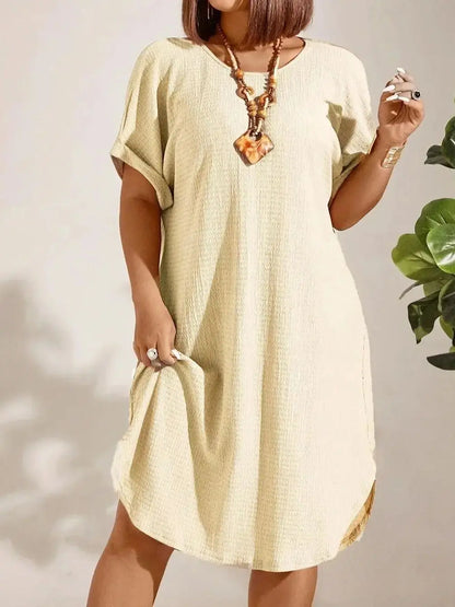 European and American large-size women's clothing 2025 summer new short-sleeved solid color dress large-size