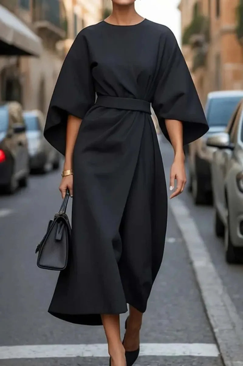 Women Fashion Elegant Solid Color Tight Waist Bat Sleeve Dress