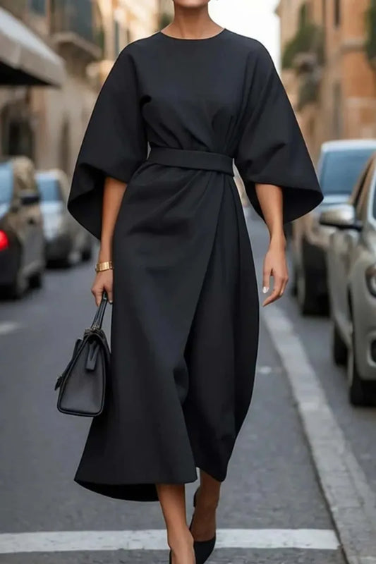 Women Fashion Elegant Solid Color Tight Waist Bat Sleeve Dress