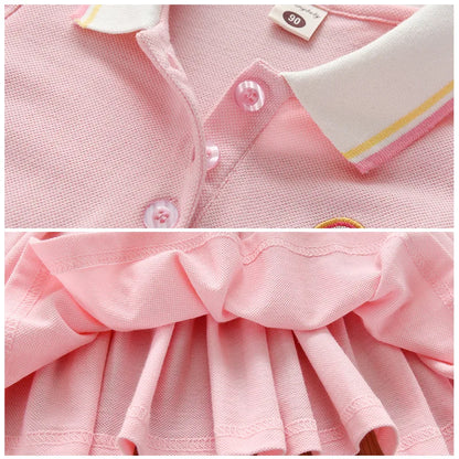 New Kids Girls Pink Dress Summer Short Sleeve Shirts Dresses for Baby Girls Rainbow Print Pleated Dress Children's Clothes 2-10Y