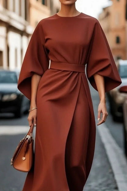 Women Fashion Elegant Solid Color Tight Waist Bat Sleeve Dress