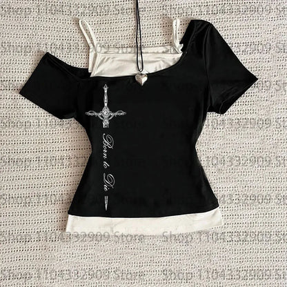 Gothic Grunge Punk Printing Women's Long Sleeve Tee Casual Slim Fit Sexy Chic Emo Girls Crop Top Y2K Harajuku Vintage Streetwear