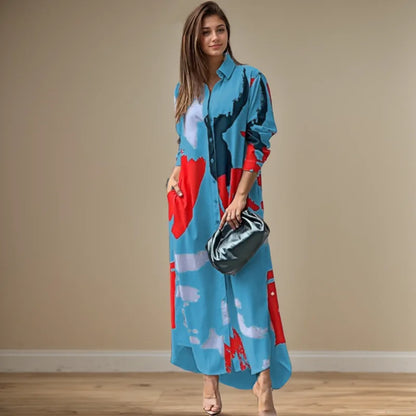 Fashion Sexy Side Split Turn Down Collar Shirt Long Dress Elegant Temperament Printed Long Sleeve Pocket Single Breasted Dress