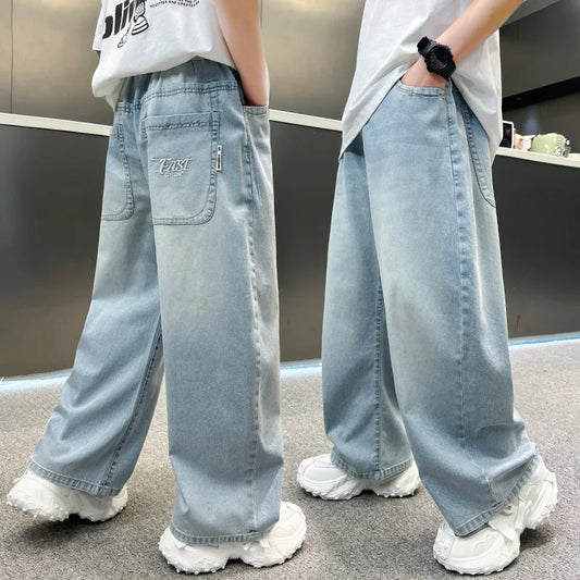 Kids Stylish Loose Straight Summer Patchwork Jeans for Tweens Boy Relaxed Fit Denim Pants Child Light Blue Washed Jeans Trousers