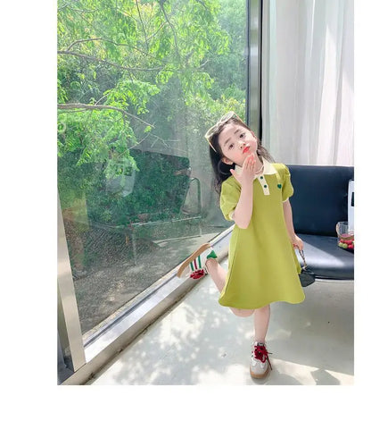2025 New Children's Dress Girls' Summer Korean Edition Striped Strawberry lapel Casual Dress 1-10 Years Old