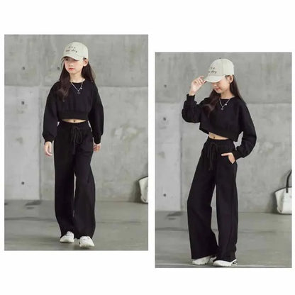 Girls Solid Colour Sets Children's Long-Sleeved Short Sweater Trousers 2Pcs Spring Autumn New Kids Fashion Casual Suit 4-12Y