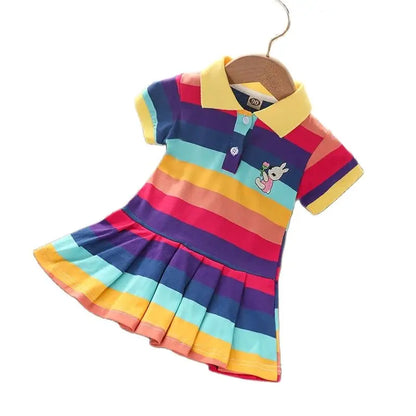 Girl's Summer fashion cute short sleeve  cartoon  rabbit embroidered rainbow strip baby girl princess dress