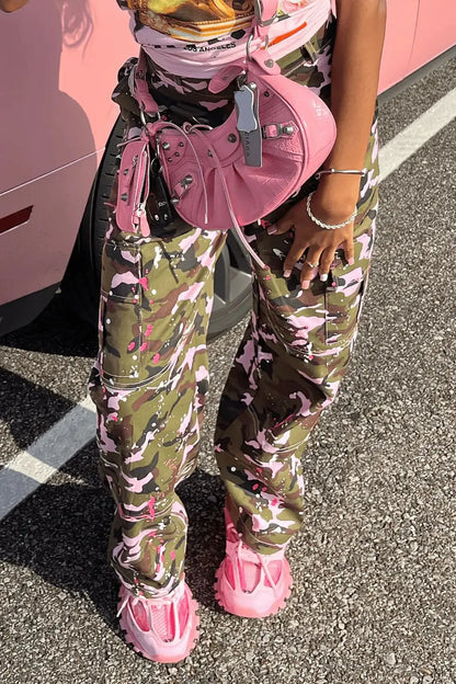 FAGADOER Pink Camouflage Print Pants Women Y2K Streetwear Button Pocket patchwork Straight Pants Hot girl Bottoms 2025
