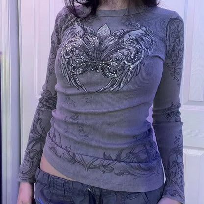 Y2K Grunge Cyber Mall Goth Thermal T-shirt Skulls Graphic Print Long Sleeve Pullovers Tops Women 90s Vintage Aesthetic Tees