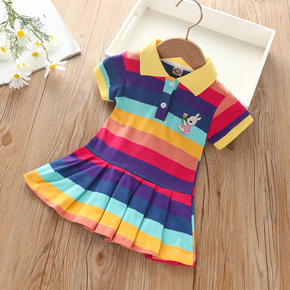 Girl's Summer fashion cute short sleeve  cartoon  rabbit embroidered rainbow strip baby girl princess dress