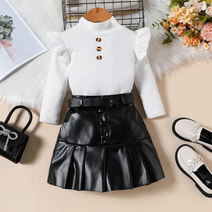 Pudcoco Toddler Girl 2 Piece Outfit Ruffles Long Sleeve Tops and Leather Pleated Skirt Set for Baby Fall Cute Clothes 18M-6T