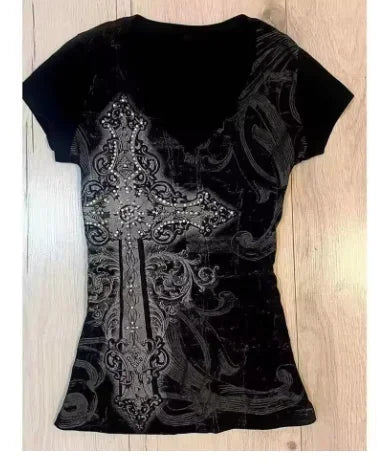 Y2k Aesthetic Flower Printing Women Grunge T-shirts Vintage Slim Harajuku Causal Black Tshirts 2025 Summer Bottoming Crop Tops