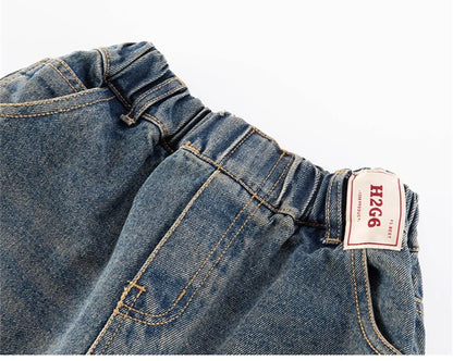 Elegant Children Vintage Blue Baggy Curved Jeans for Teenage Boy Fashion Casual Wide Leg Denim Pants Kids Loose Jeans Trousers