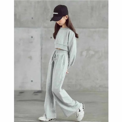 Girls Solid Colour Sets Children's Long-Sleeved Short Sweater Trousers 2Pcs Spring Autumn New Kids Fashion Casual Suit 4-12Y