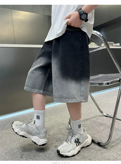 2025 New Summer Kids Designer Gradient Black Denim Shorts Tweens Boy Casual Straight Jeans Shorts For Child Age 5 6 8 10 12 14 T